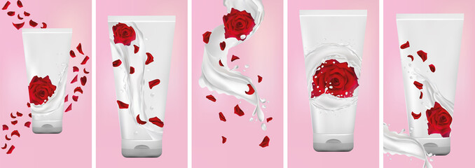 Rose hand cream, milk splash with flower rose. Set design package cream. Flying rose, petals and splashing yogurt. 3D realistic rose. Vector illustration.
