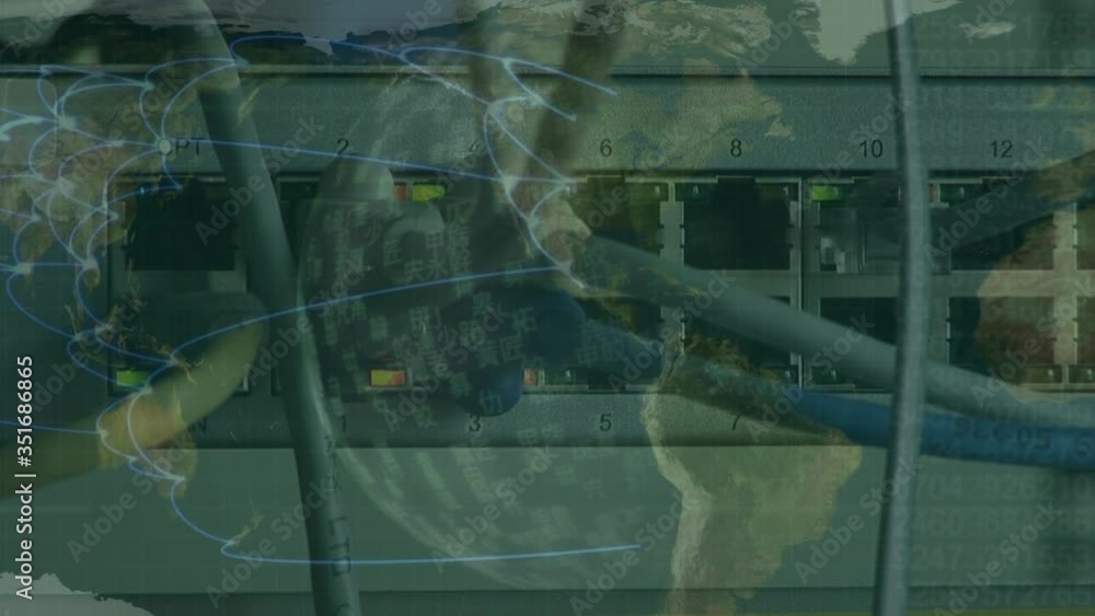 Poster animation of world map floating with glowing rays over data machine with plugs