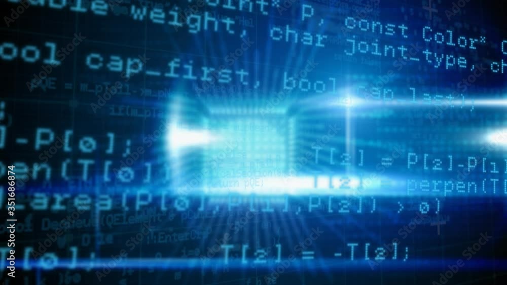 Poster animation of scrolling lines of digital information in glowing blue text moving on a black backgroun