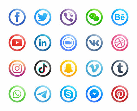 Popular Social Media Round Modern Icons Set On White Background. Facebook Twitter Viber Behance Youtube Linkedin Zoom Instagram Tiktok Snapchat Whatsapp Telegram Skype Messenger Pinterest