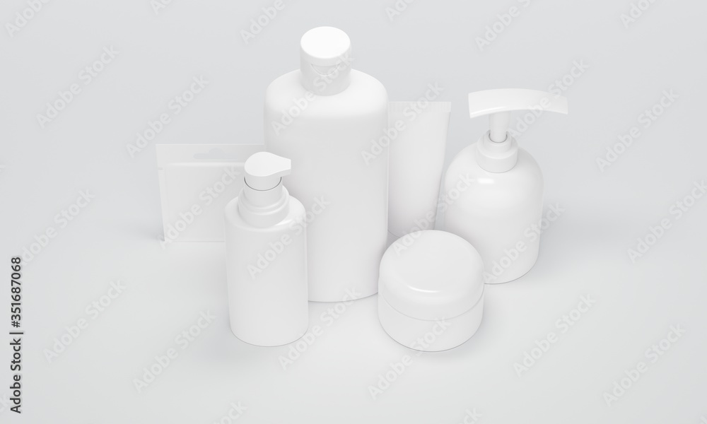 Poster mock up bottles for cosmetics on a white background. 3d rendering