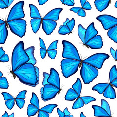 Blue morpho butterflies fly on white background. Vector seamless pattern. Decorative print.