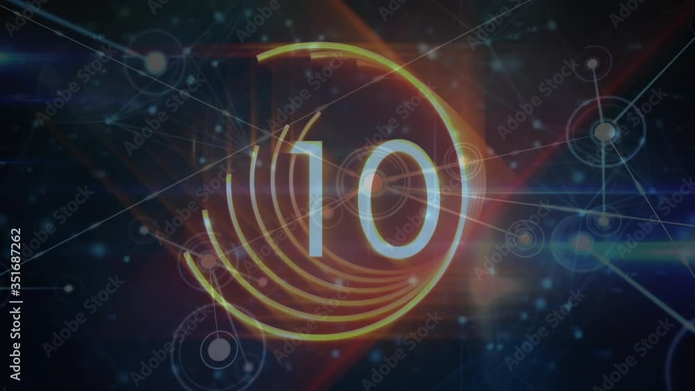 Poster animation of numbers from 10 to 0 in orange circles moving over a web of connections