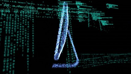 Animation of computer and data processing with network of screens on black background