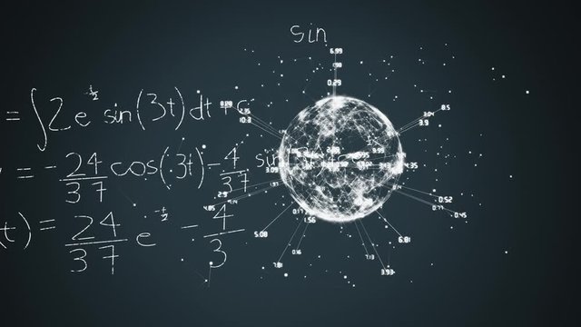 Animation of globe spinning and mathematical formulae information flowing on black background