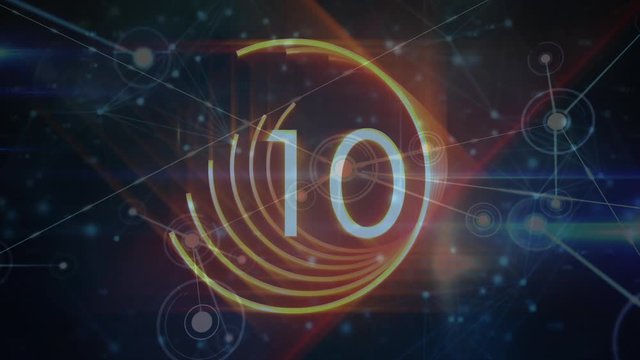 Animation of numbers from 10 to 0 in orange circles moving over a web of connections