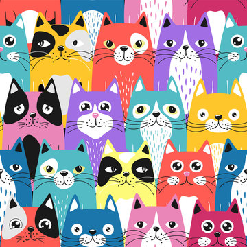 Funny cartoon cats. Seamless pattern.Texture for fabric, wrapping, wallpaper. Decorative print.