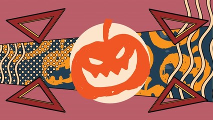 Animation of a orange pumpkin in white circle with four triangles spinning over pumpkin drawings