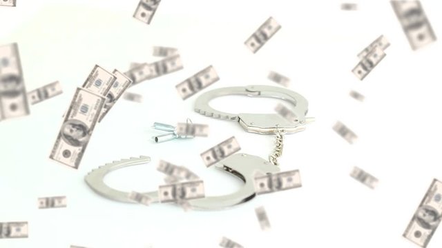 Animation of dollars falling down with a pair of handcuffs on white background