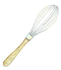 Watercolor whisk isolated on white background. Hand-drawn bakery tool for your design. Pastry utensil. Baking illustration.