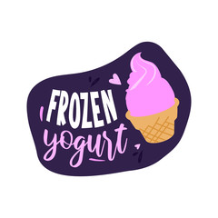 Text label with frozen yogurt in waffle cone.