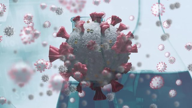 Animation of coronavirus covid19 cells floating over test tubes in laboratory