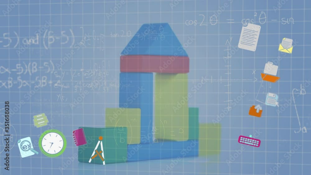 Poster animation of mathematical formula and icons floating with toys spinning on blue grid background