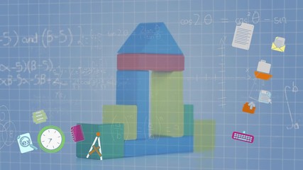 Animation of mathematical formula and icons floating with toys spinning on blue grid background - Powered by Adobe