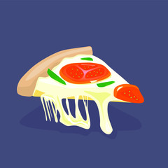 Tasty cheesy italian pizza margherita made in vector style. Stretching Cheese. Long cheese. Pizza with tomato. Slice of pizza