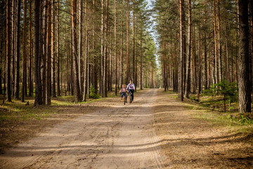 mother and little daughter riding bikes in summer forest.Family on a bike ride together outdoors on a sunny day.Mom and daugther having fun together riding bicycle together, in green park or forest.