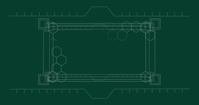 Animation of data processing and digital geometric hexagon shapes on green background