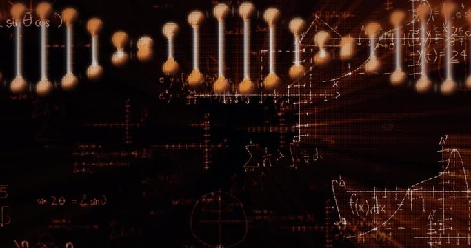 Animation of DNA strand spinning with formulae and information on black background
