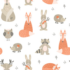 Seamless pattern with cute woodland animals in trendy scandinavian style. Forest characters on white background. Vector illustration.