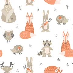 Cercles muraux Petit cerf Modèle sans couture avec de mignons animaux des bois dans un style scandinave branché. Personnages de la forêt sur fond blanc. Illustration vectorielle.
