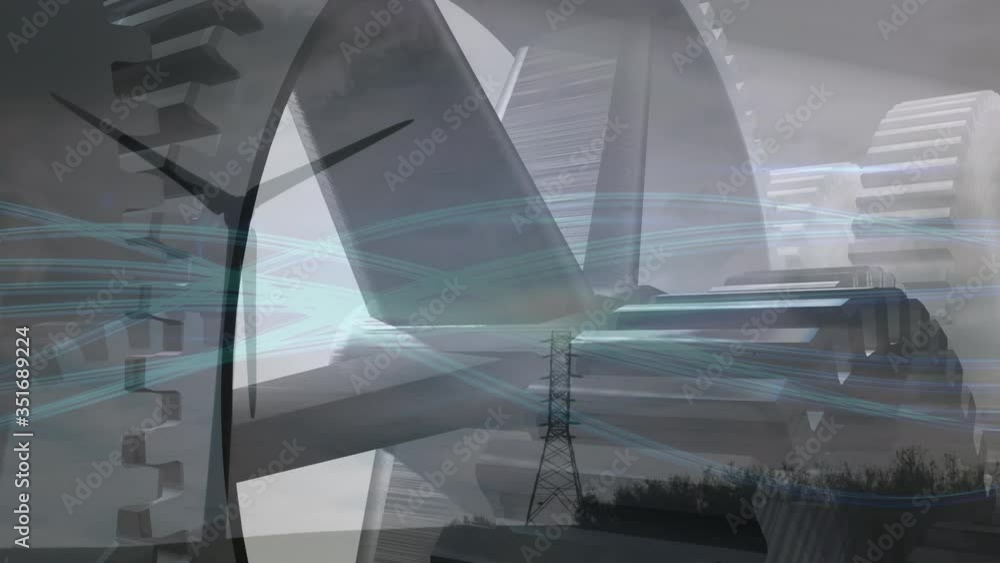 Poster animation of cogs turning over blue connections lines
