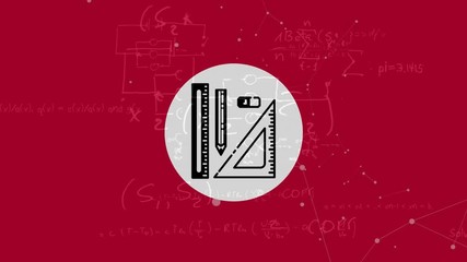 Animation of school supplies and mathematics formulae on red background - Powered by Adobe