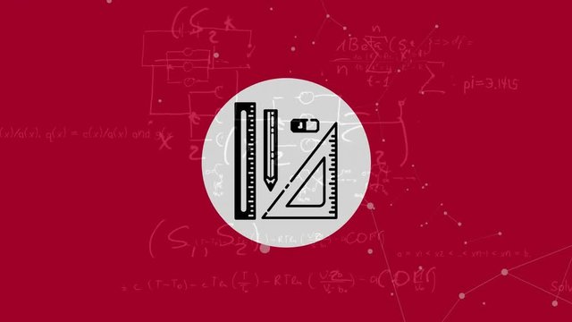 Animation of school supplies and mathematics formulae on red background