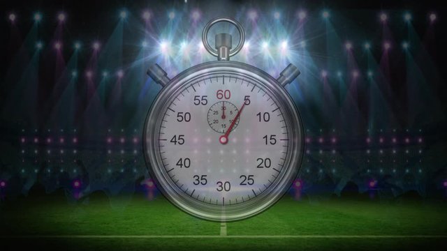 Animation of timer ticking with glowing purple and blue spotlights on stadium background
