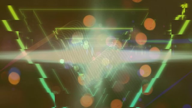 Animation of green triangles in tunnel with glowing lights on green background