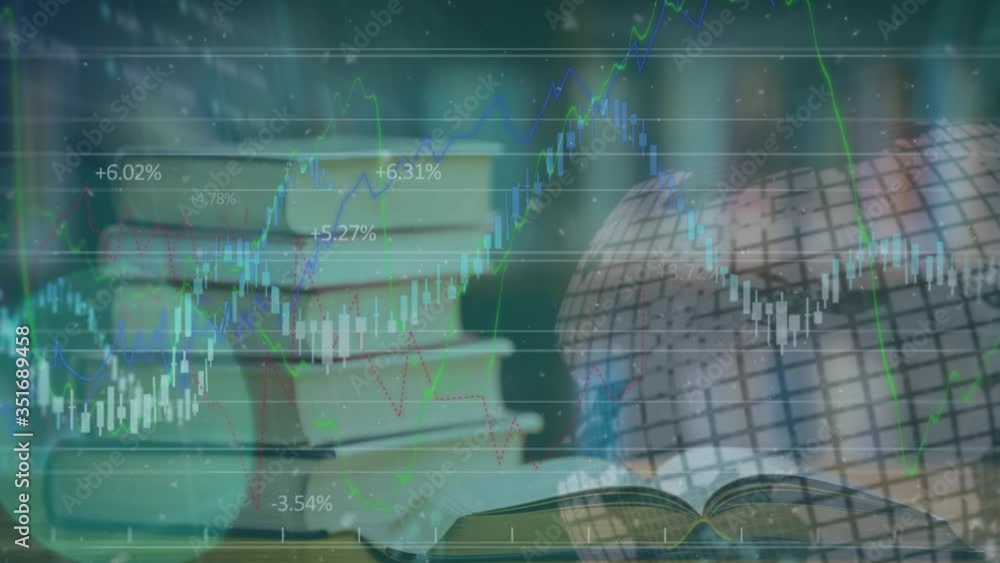 Poster animation of graphs and statistics with a red globe spinning over a pile of books