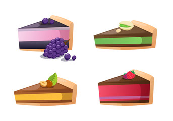 Set of cake pieces with fruits berries nuts.