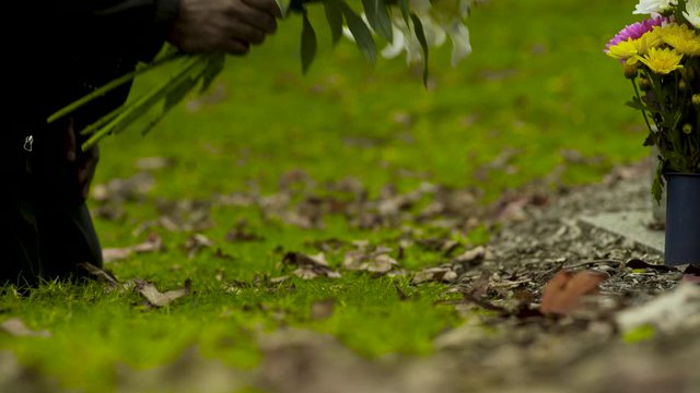 Closeup hand puts a bouquet of beautiful flowers on gravestone