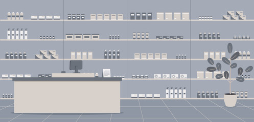 Pharmacy interior with no people. There are a counter for pharmacist, shelves with a wide range of medicines and other medical products in drugstore.Vector colourful illustration