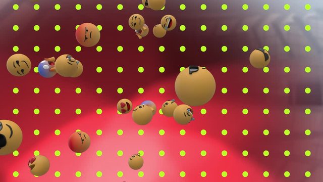 Animation of digital composition of 3D emoticons floating with red background and yellow dots