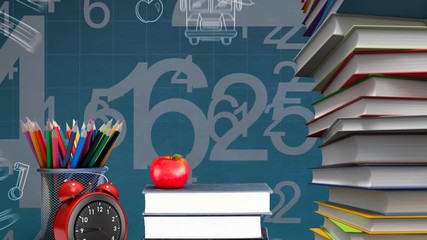 Animation of school supplies and an apple and numbers on blue background - Powered by Adobe