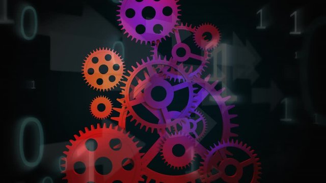 Animation of cogs working and arrows with binary coding numbers recording and data processing on bac