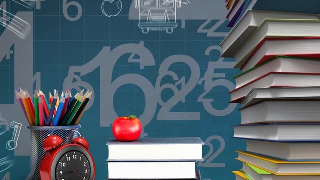 Animation of school supplies and an apple and numbers on blue background