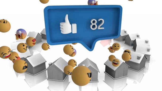 Animation of speech bubble with thumbs up and numbers growing to one hundred with emoticons and house