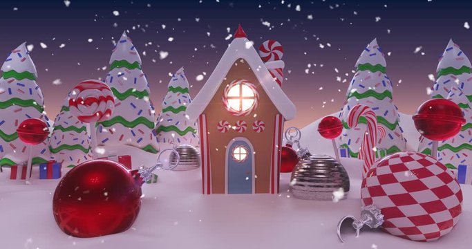 Animation of a snowy house decorated for Christmas