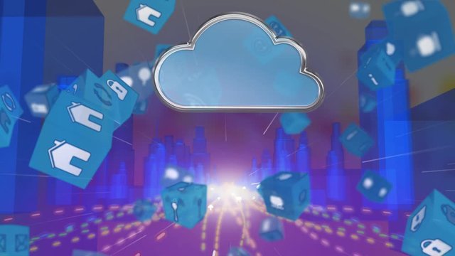 Animation of multiple icons falling and blue cloud on blue building background