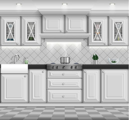 Fototapeta na wymiar White traditional classic kitchen interior design. Vector illustration, eps10
