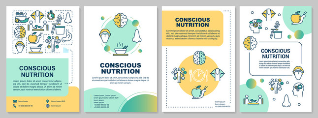 Conscious nutrition brochure template. Mindful eating. Flyer, booklet, leaflet print, cover design with linear icons. Vector layouts for magazines, annual reports, advertising posters