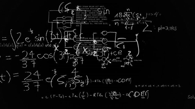 Animation of mathematical formulae and data processing and information flowing on black background