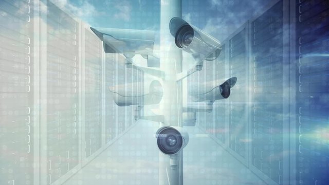 Animation of CCTV cameras with computer servers, cloudy sky and information flowing in background