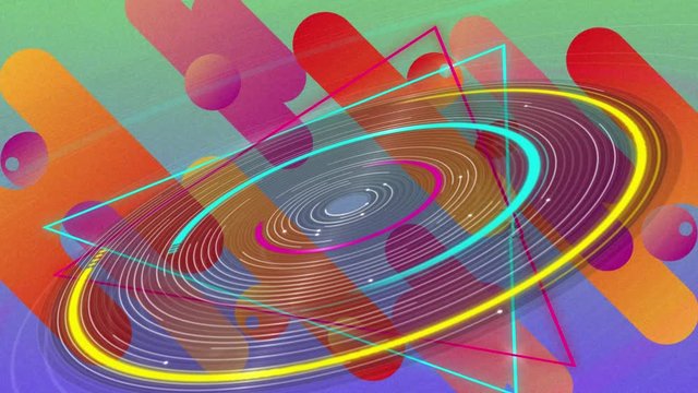 Animation of colored disc spinning on colored triangles background
