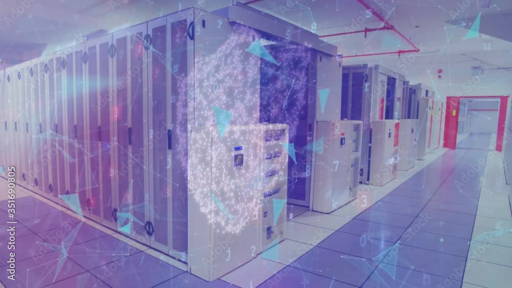 Poster animation of triangles and shapes floating with a big shiny shape appearing over empty server room