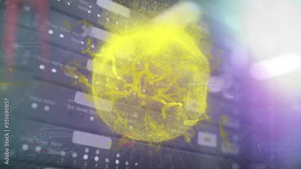 Poster animation of yellow globe of smoke and data processing over computer equipment on background