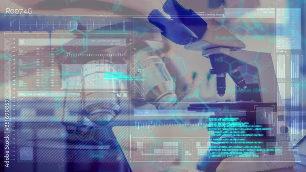 Poster animation of structural chemical formulae compounds over microscope with scientific data processing