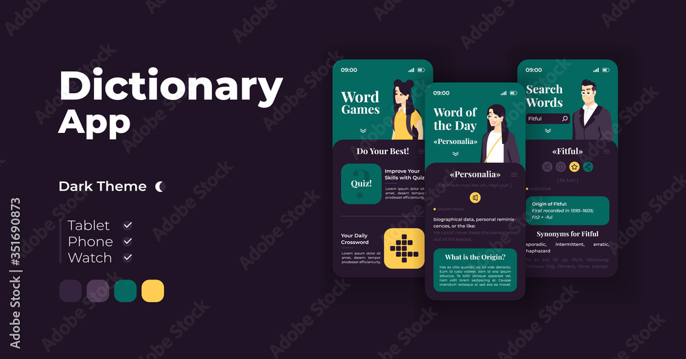 Poster dictionary app cartoon smartphone interface vector templates set. mobile app screen page night mode 