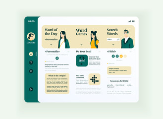 Online education tablet interface vector template. Mobile app page day mode design layout. Word trivia screen. Flat UI for application. Fun internet learning. Portable device display